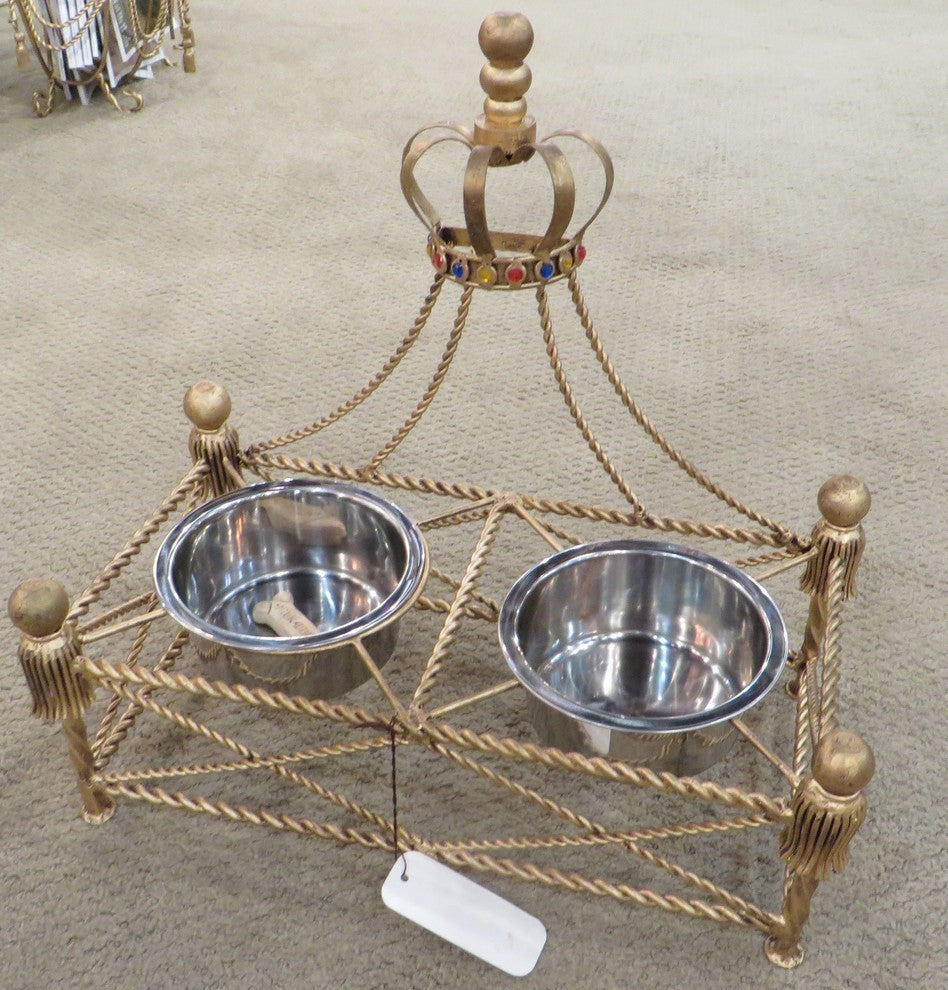 Jeweled Crown Gold Iron Dog Feeder Dish, Pet Canopy Metal Royal Bowl
