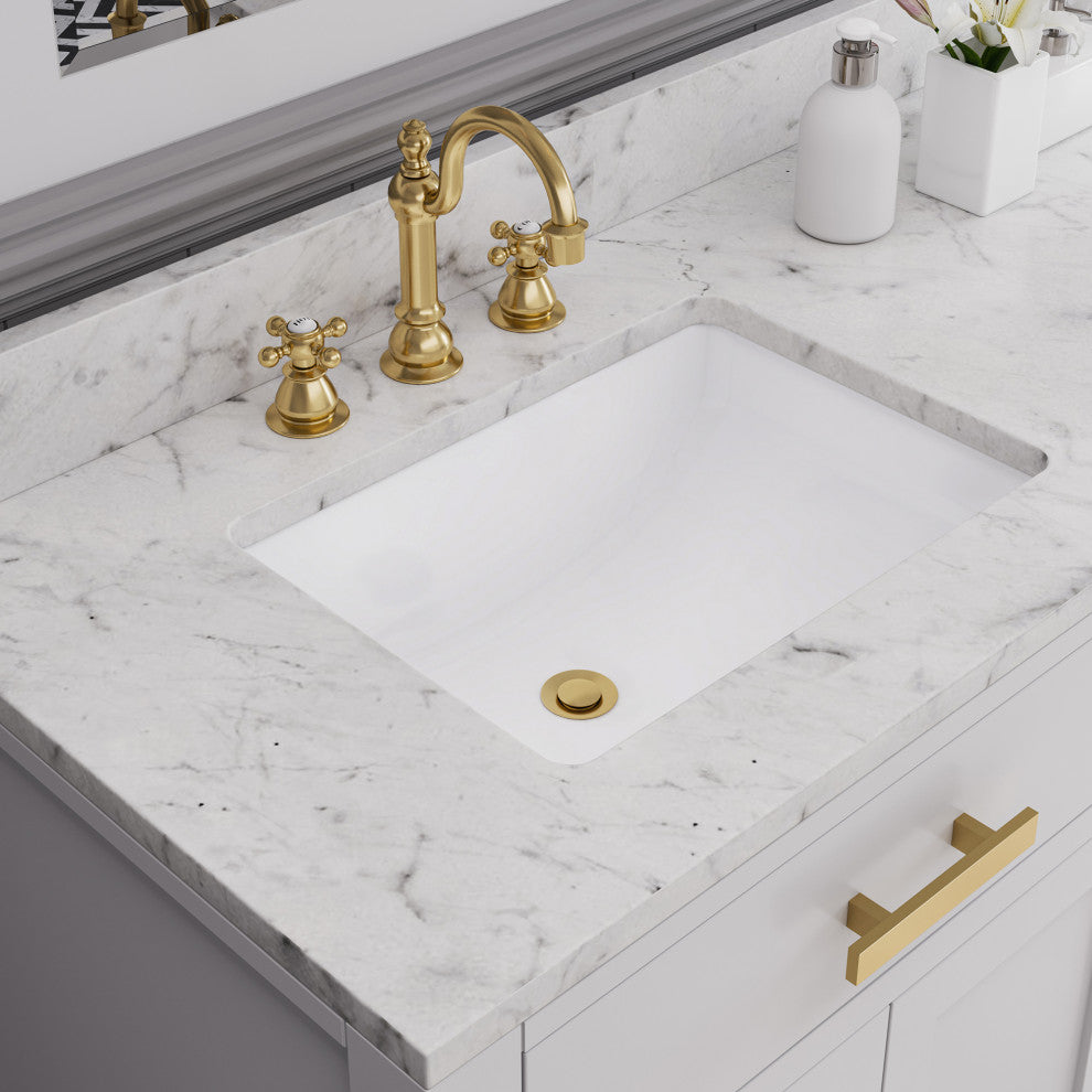 Classic Hook Widespread Deck Mount Lavatory Faucets and Pop-Up Drain, Satin Gold
