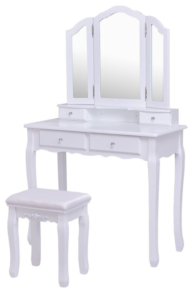 Compact Style Tri-Folding Mirror Vanity Table Stool Set With 4 Drawers, White