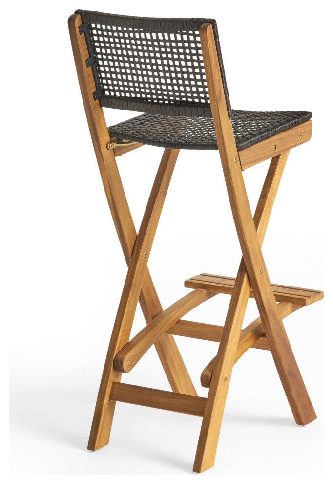 Elizabeth Outdoor 45" Rectangular 5-Piece Wood and Wicker Bar Height Set, Natural Wood