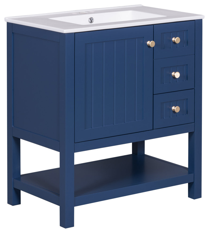 30 Inch Transitional Style Bathroom Vanity Cabinet Combo with Ceramic Sink, Blue