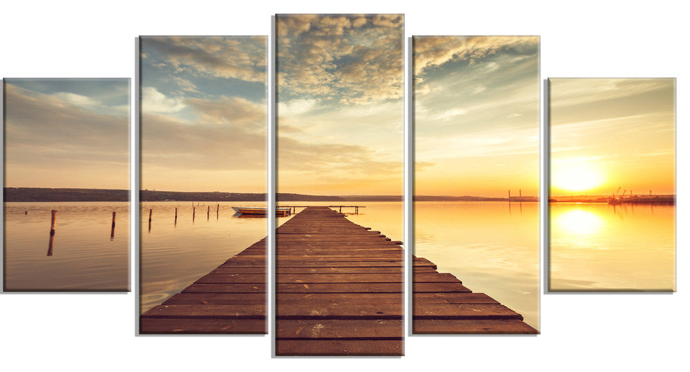 Sea Pier under Beautiful Cloudscape, Modern Canvas Print, 60"x32", 5 Panels