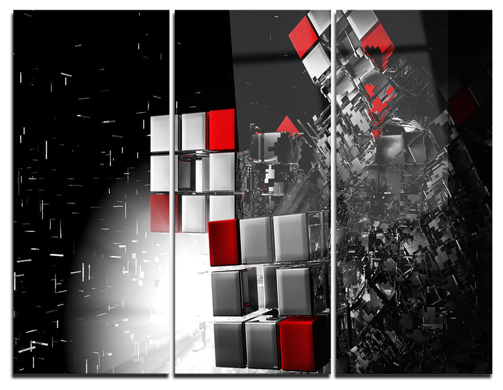 "Fractal 3-D Red White Cubes" Metal Wall Art, 3 Panels, 36"x28"