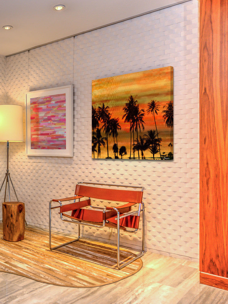 "Palms Against Gold Sky" Fine Art Canvas Print, 48"x48"