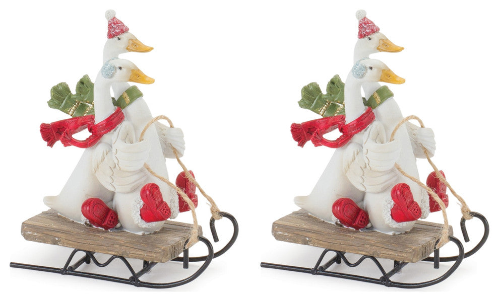 Sledding Holiday Goose Figurine, Set of 4