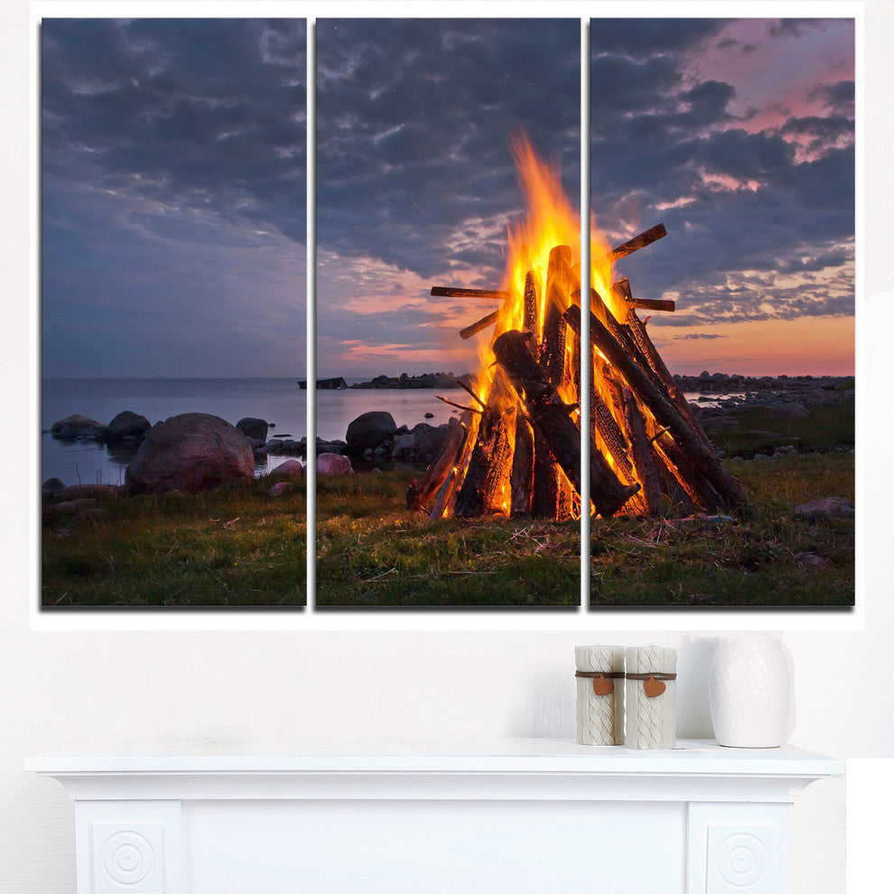 "Bonfire on Beach in Summer Night" Metal Wall Art, 3 Panels, 36"x28"