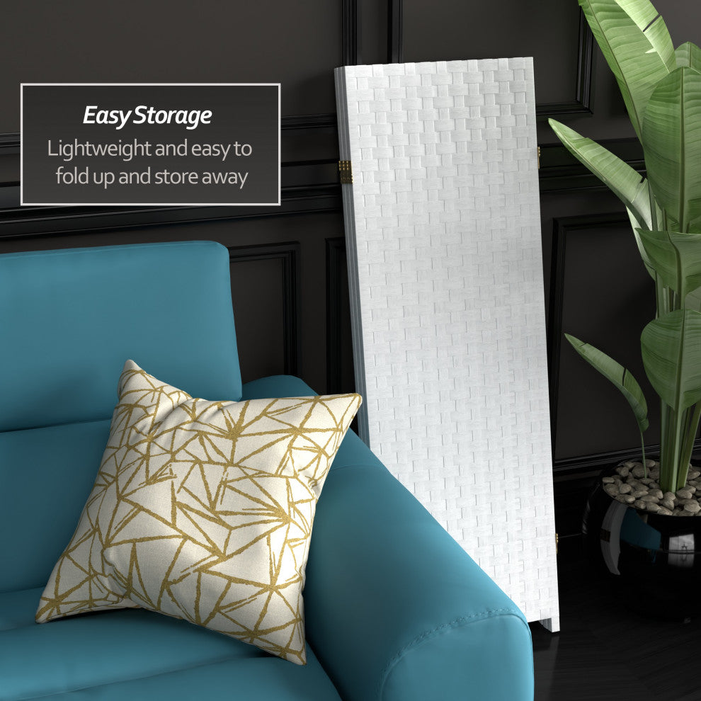 4' Tall Woven Fiber Room Divider, White, 3 Panel