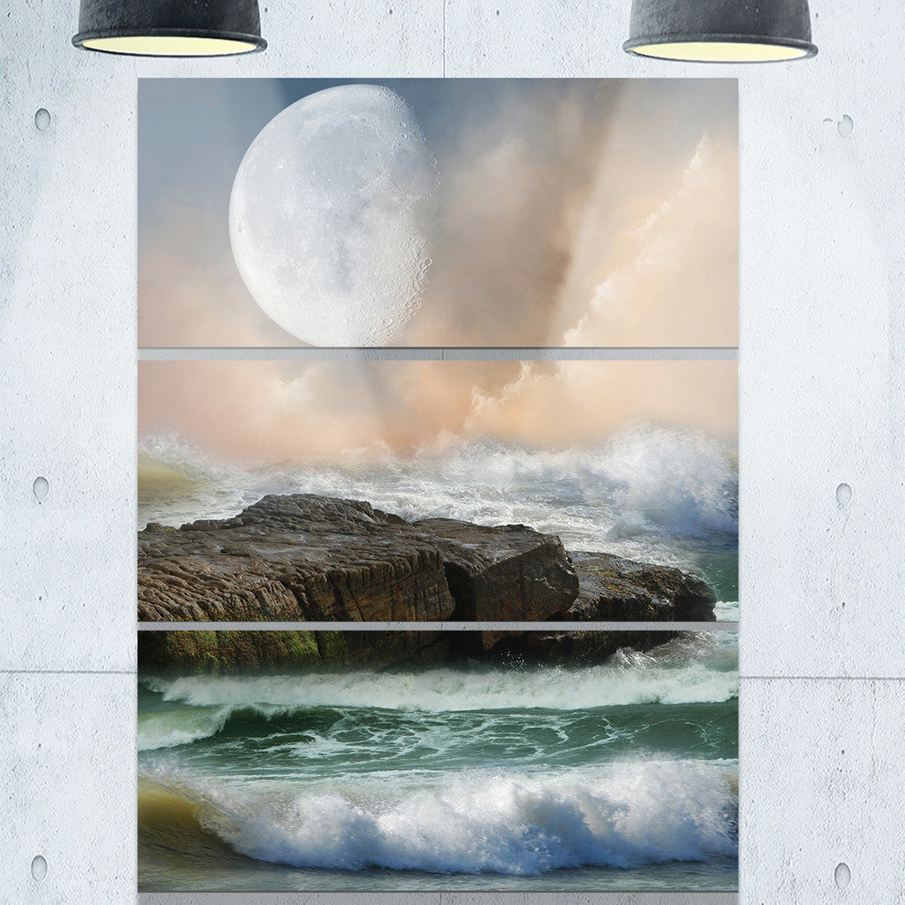"Roaring Ocean Under Large Moon" Photo Metal Wall Art, 3 Panels, 28"x36"