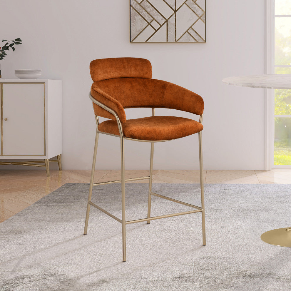Yara Beige Velvet Upholstered Counter Stool, Cognac