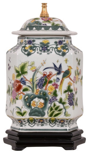Chinese Porcelain Famille Bird Motif Hexagonal Ginger Jar Table Lamp 25"