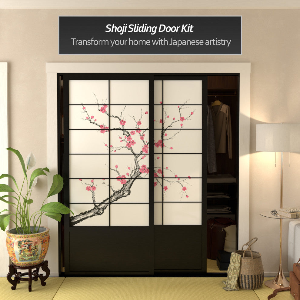 7' Tall Cherry Blossom Shoji Sliding Door Kit, Black