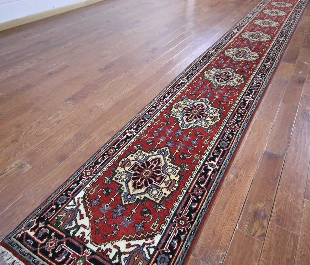 Heriz Serapi Red and Black Hand-Knotted Wool Rug, 3'x20'