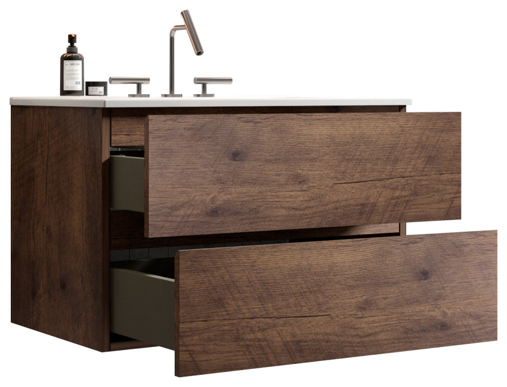 Wall-Mounted Bathroom Vanity Set with Ceramic Sink with three faucet holes, Walnut, 30"
