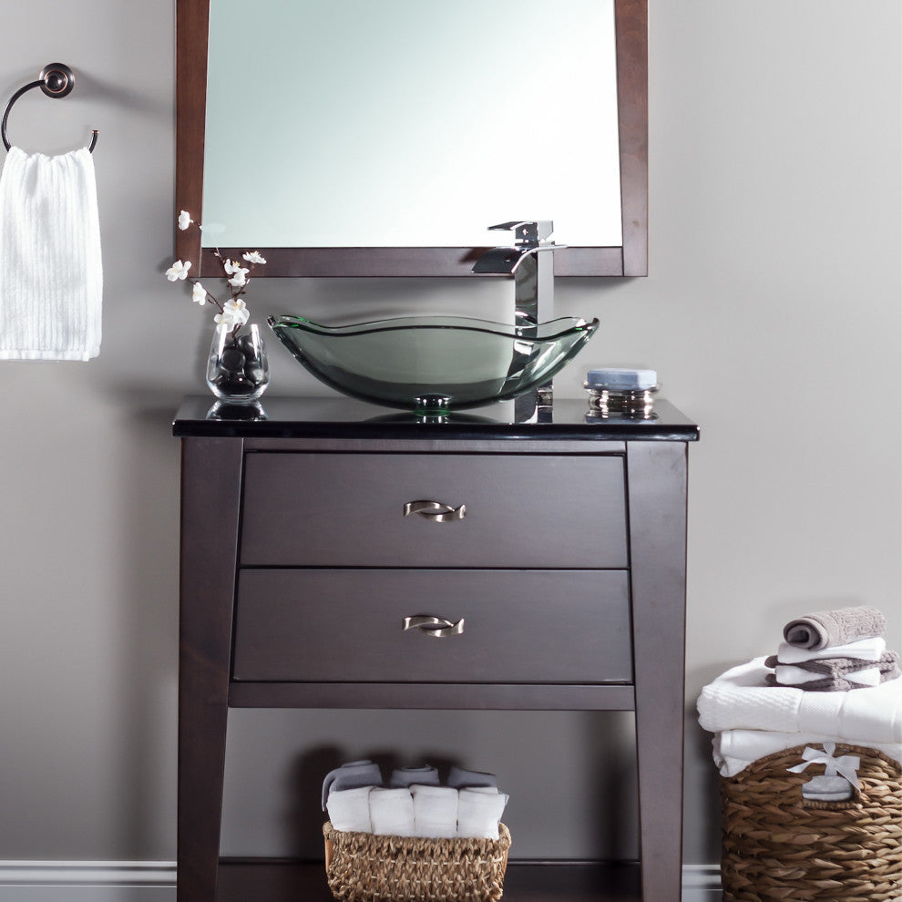 Clear Scalloped Tempered Glass Vessel Bathroom Sink Combo with Faucet and Drain, Chrome