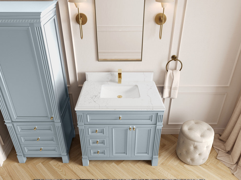 Paris 36" Center Sink Bathroom Vanity, Blue Heather 1.5" Empira Quartz