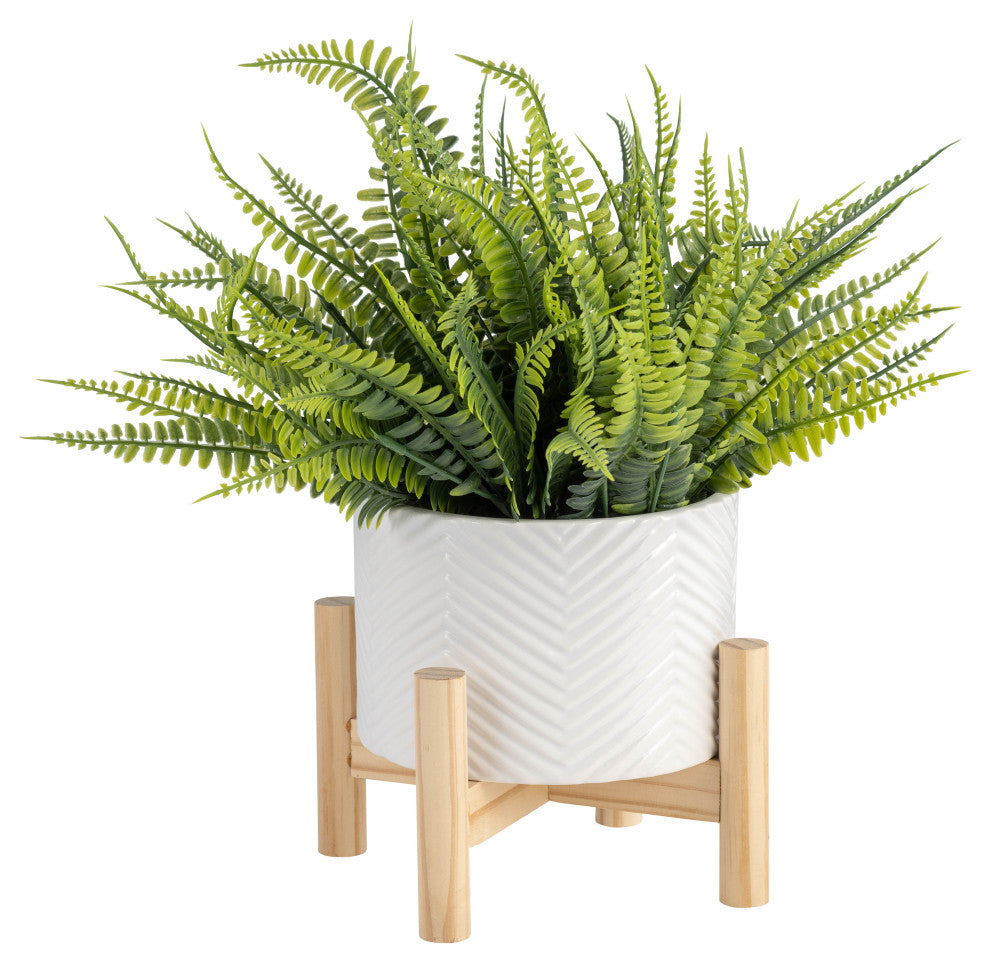 6" Ceramic Chevron Planter With Wood Stand, White