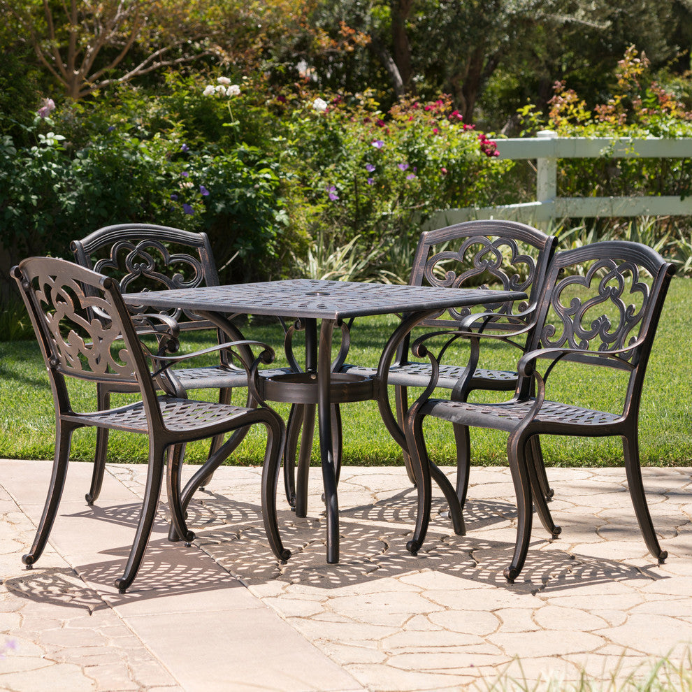 GDF Studio 5-Piece Augusta Outdoor Patina Copper Cast Aluminum Dining Set