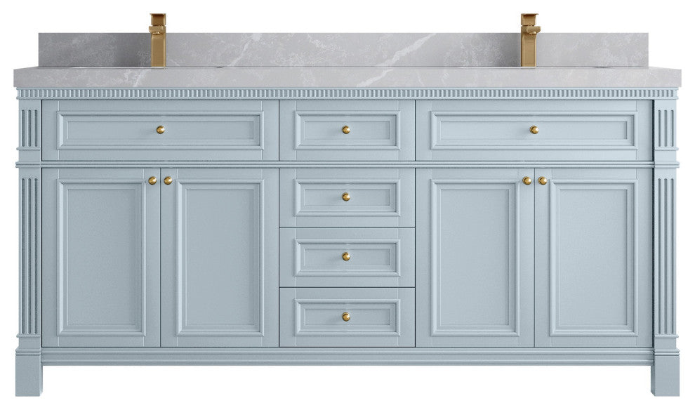 Paris 72" Double Sink Bathroom Vanity, Blue Heather 2" Pearl Gray