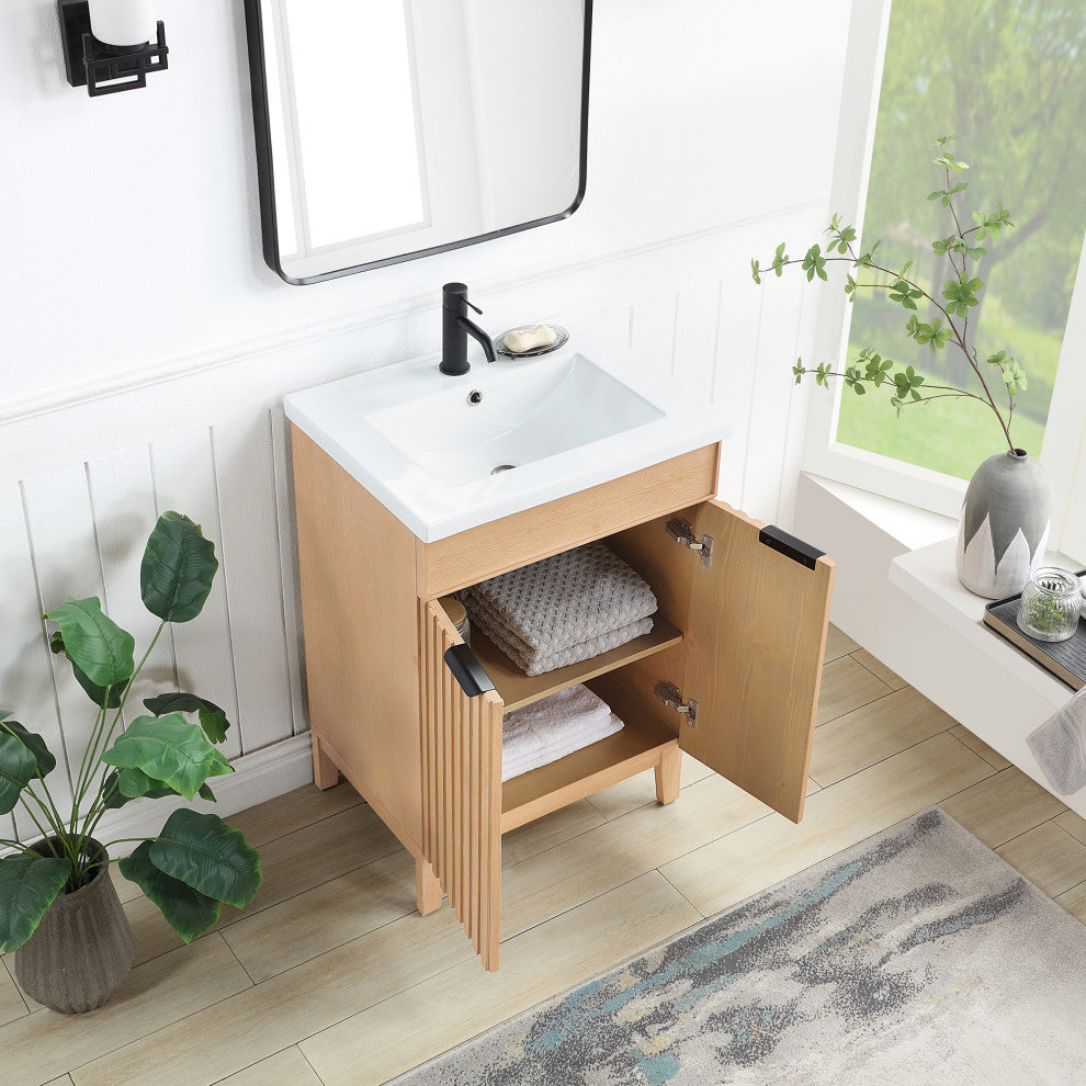 Palos Bathroom Vanity, Fir Wood Brown, 24", Ceramic Top, No Mirror