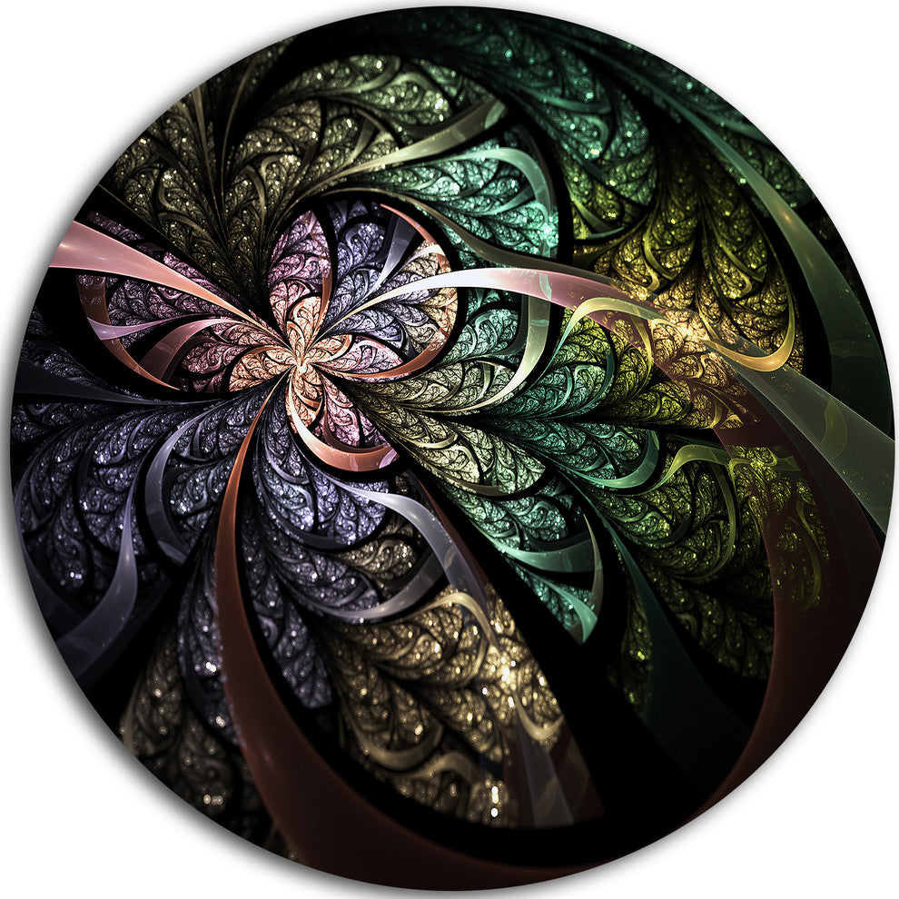 Brown Blue Fractal Flower Digital Art, Floral Disc Metal Wall Art, 36"