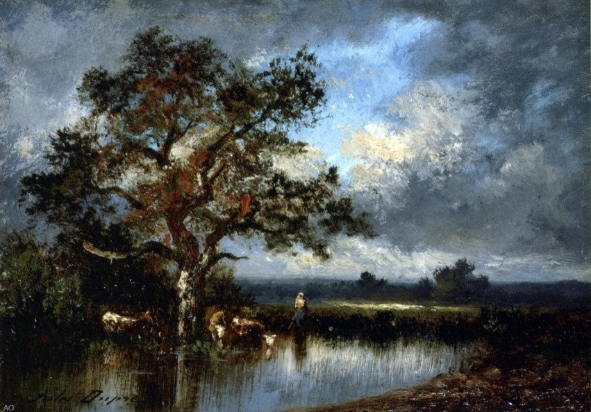 Jules Dupre Cows and Cowherd - 18" x 27" Premium Canvas Print