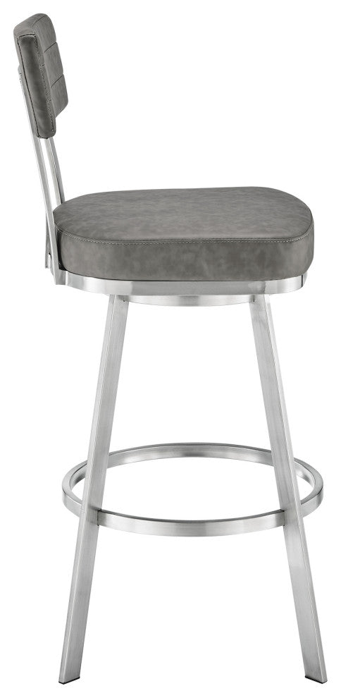 Jinab Swivel Bar Stool, Brushed Stainless Steel With Faux Leather, Gray