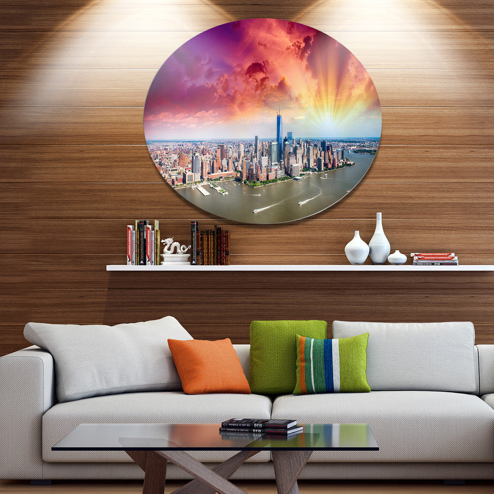 Colorful New York Skyline Aerial View, Cityscape Disc Metal Art, 38"