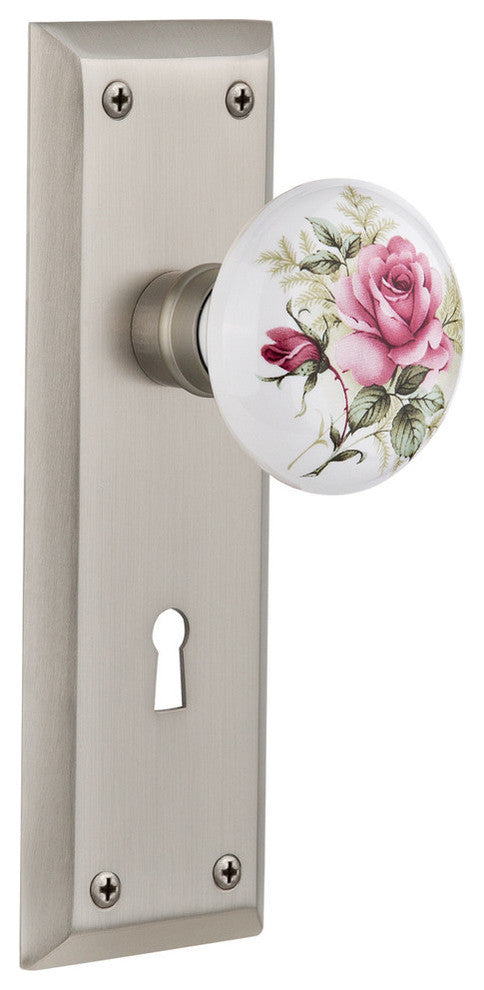 New York Plate Interior Mortise White Rose Porcelain Door Knob, Satin Nickel