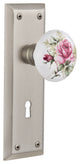 New York Plate Interior Mortise White Rose Porcelain Door Knob, Satin Nickel