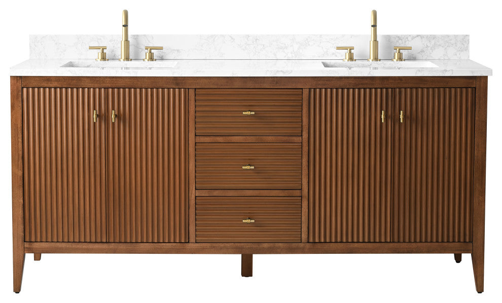 Vanity Art Freestanding Vanity, Walnut, 72", Double Sink, Golden Brushed