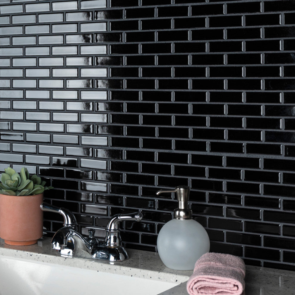 Metro Brick Subway Glossy Black Porcelain Floor and Wall Tile