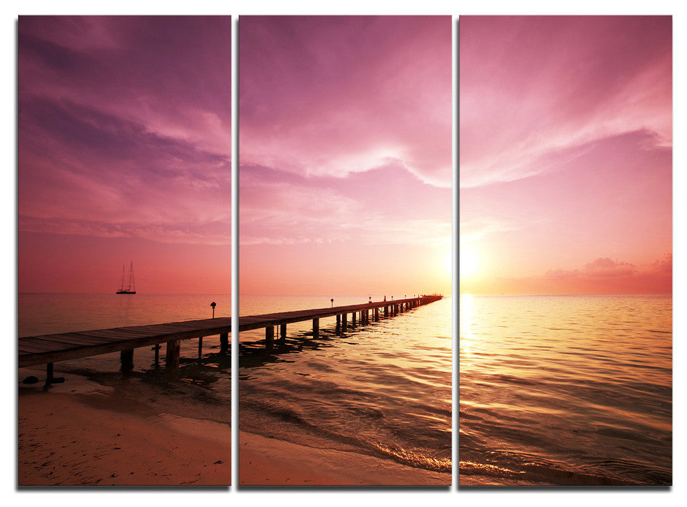 "Long Boardwalk into Sunset Sea" Sea Bridge Metal Wall Art, 3 Panels, 36"x28"