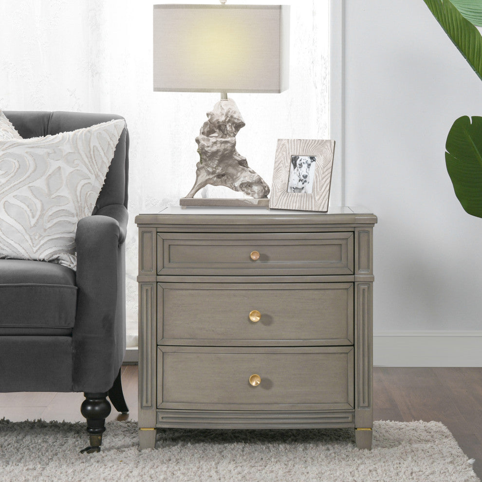 Dauphin Solid Wood 3-Drawer Gold Accent End Table, Gray Cashmere