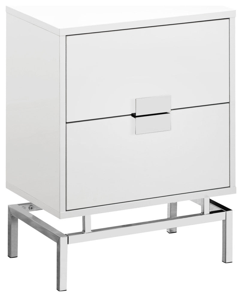Accent Table, Lamp, Storage Drawer, Metal, Laminate, Glossy White, Chrome