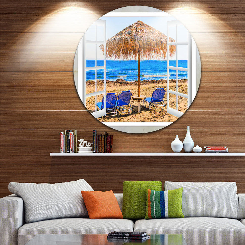 Window Open To Beach Hut With Chairs, Seashore Round Wall Art, 23"