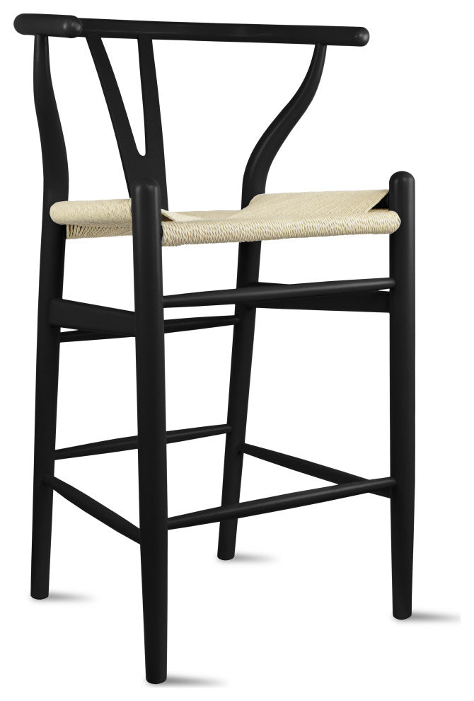 Wishbone Solid Wood Counter Height Bar Stool Y Open Back Weave Seat, Black