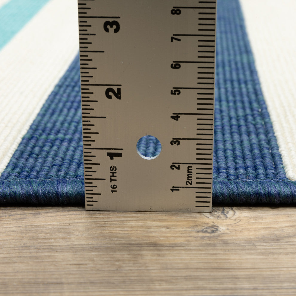 Madelina Stripe Blue and Ivory Indoor or Outdoor Area Rug, 7'10" Round