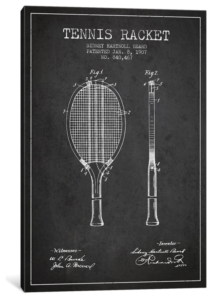 "Tennis Racket Charcoal Patent Blueprint" by Aged Pixel, 18"x12"x1.5"