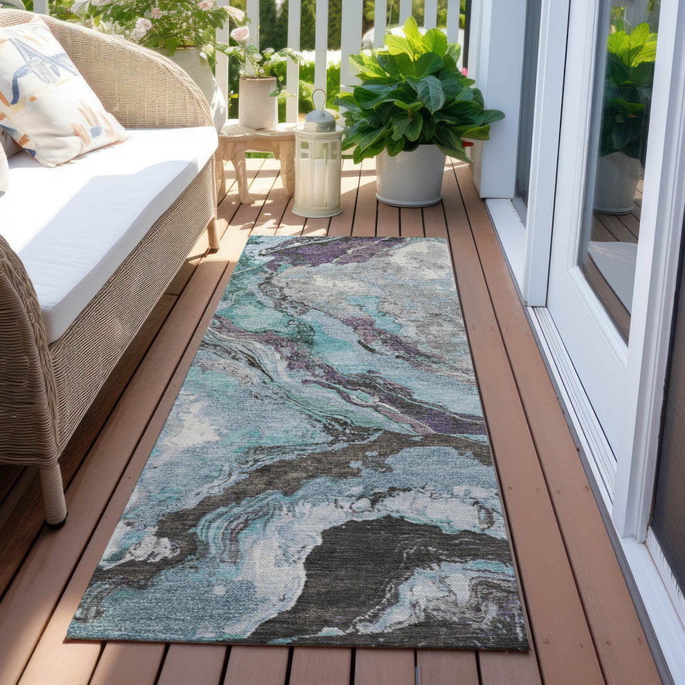 Machine Washable Indoor/Outdoor Chantille ACN1908 Teal 2'3" x 7'6" Runner Rug