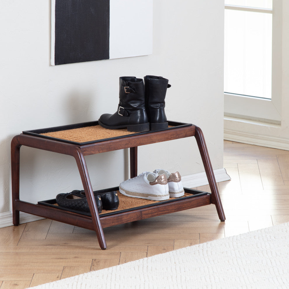 Double-Tier Brown Stand With 2-Pair Rubber Boot Trays Rectangle Ripple