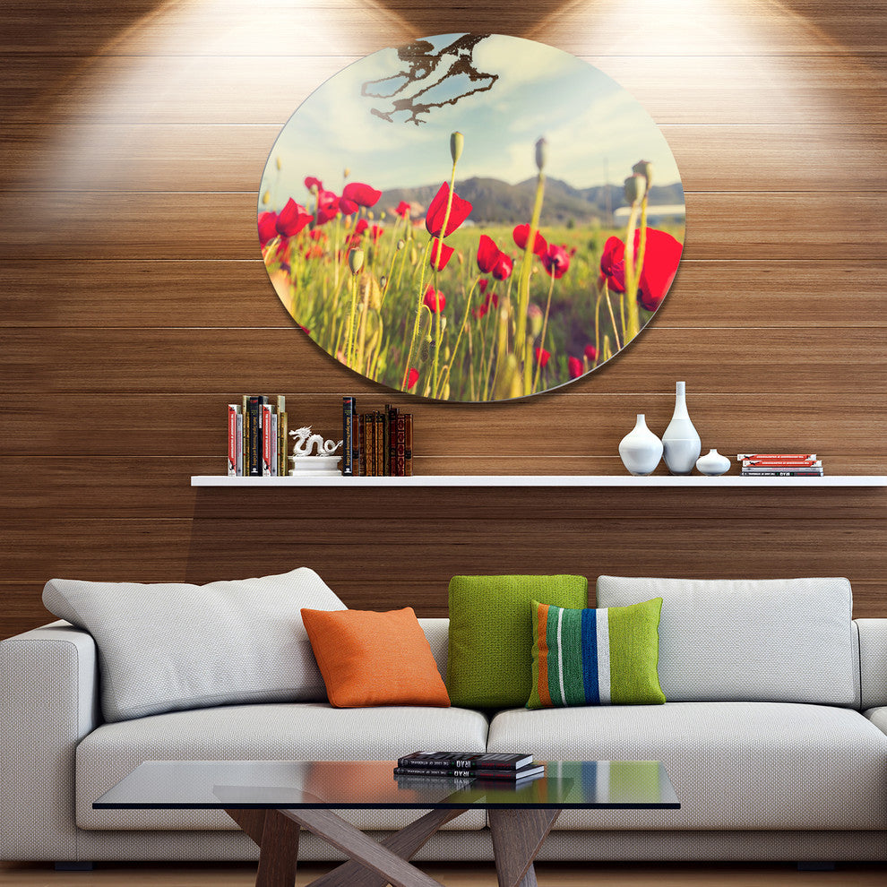 Wild Red Poppy Flowers In Field, Flower Round Wall Art, 11"