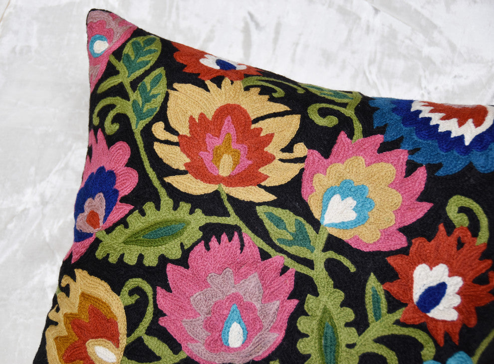 Black Polish Floral Pillow Cover Hand Embroidered Cushions Wool 18x18