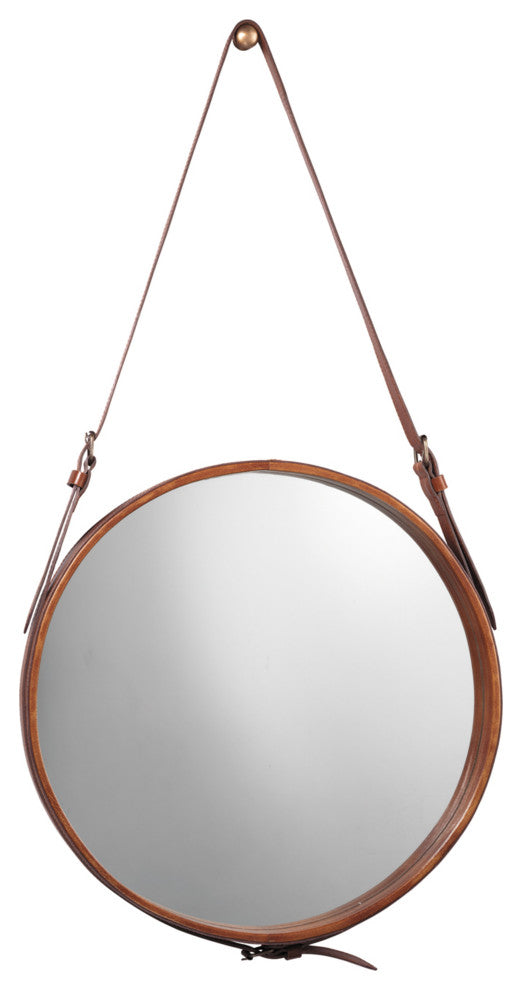 Large Round Steel Mirror, Brown Leather