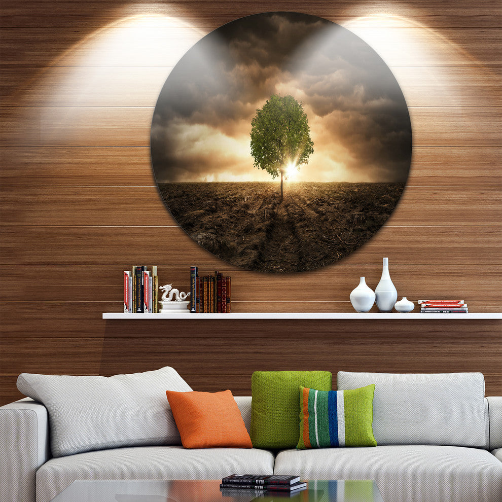 Lonely Tree Under Dramatic Sky, Disc Metal Artwork Landscape, 23"