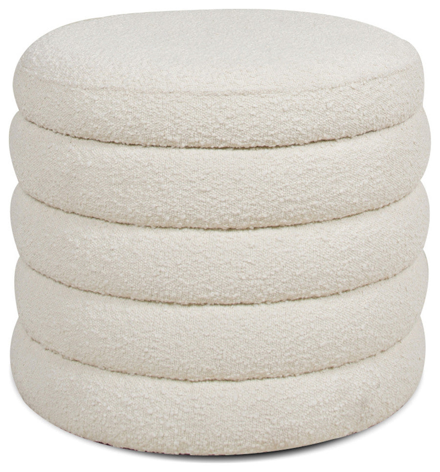 Fuji 19" Oversized Horizontal Tufted Round Storage Ottoman, Ivory White Boucle