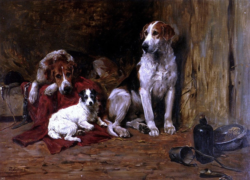 John Emms Hounds and a Jack Russell in a Stable - 18" x 27" Premium Canvas Print