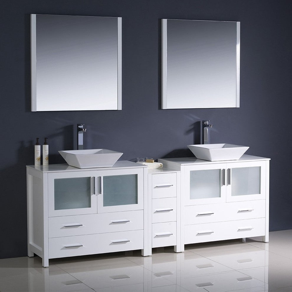 Torino 84" White Modern Double Sink Bathroom Vanity, Faucet FFT9152BN