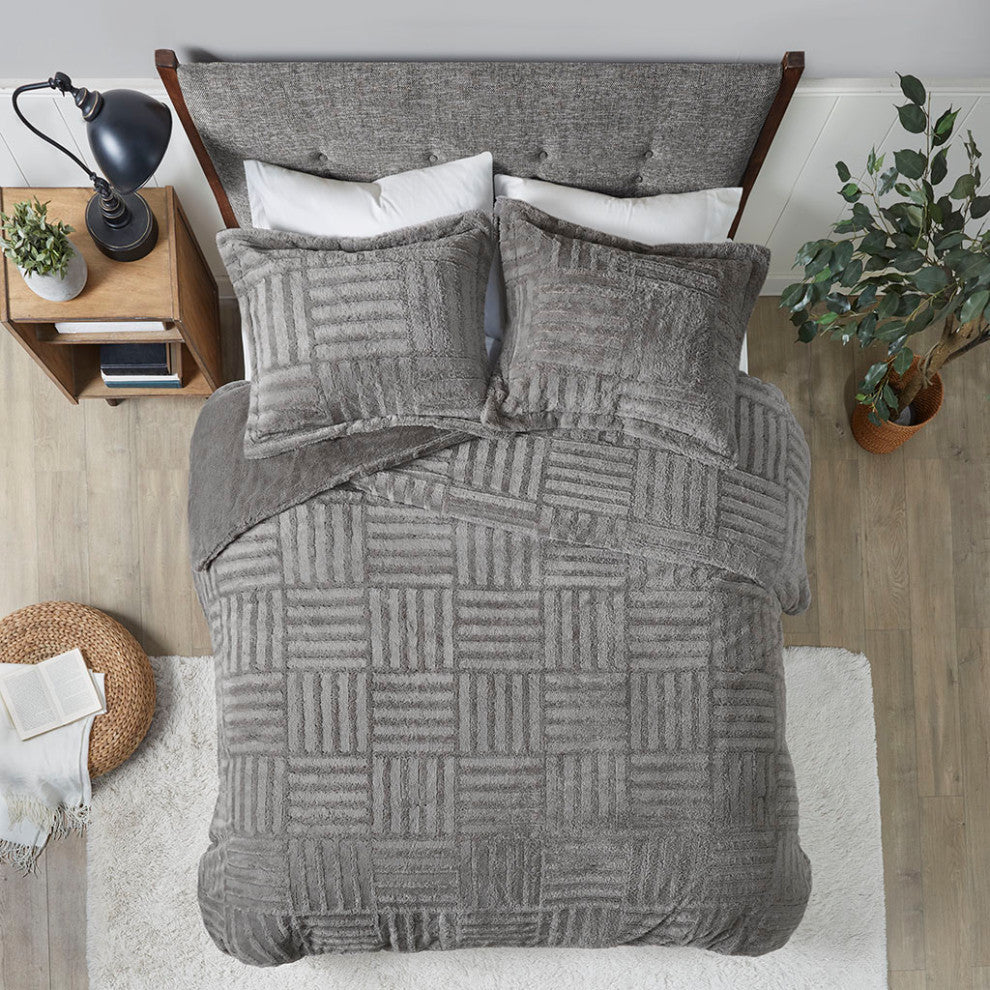 Madison Park Arctic 3-Piece Faux Faur Checkbord Comforter Set, Grey