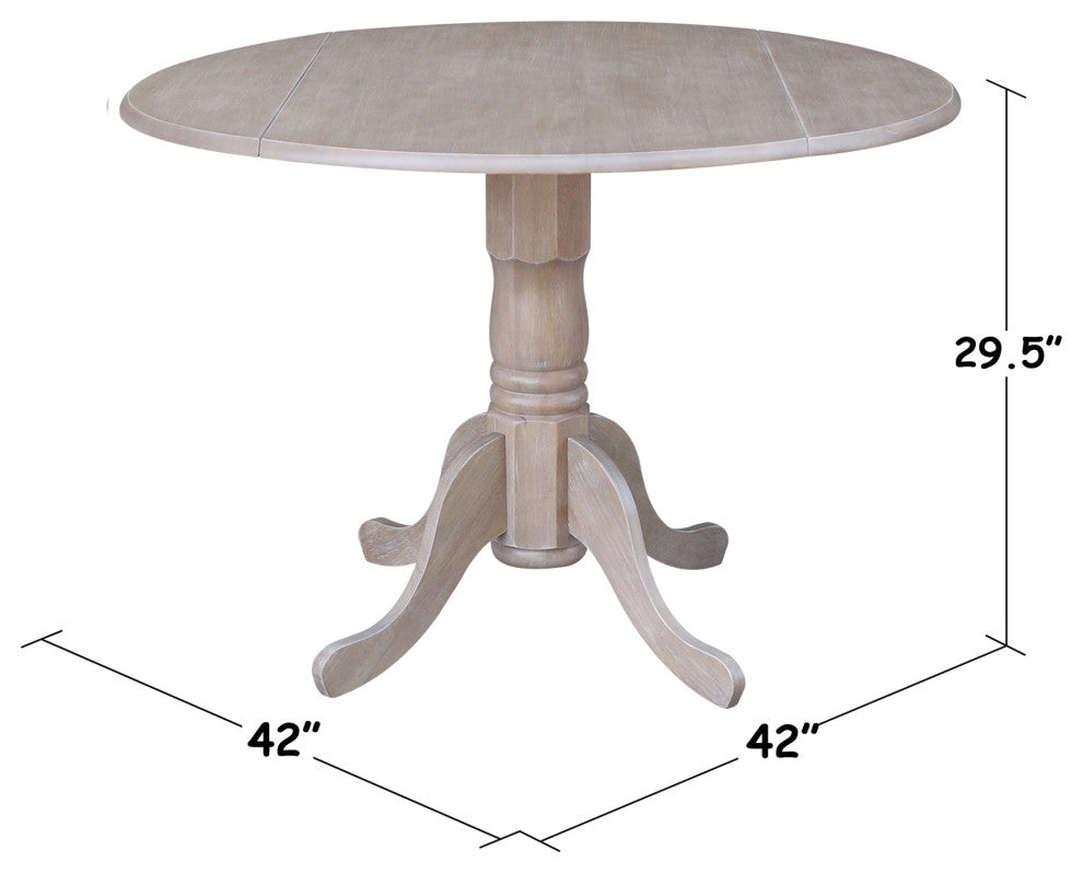 42" Round Dual Drop Leaf Pedestal Table, Washed Gray Taupe