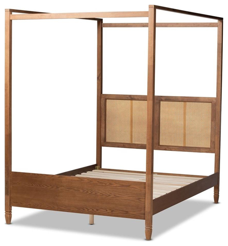 Malia Modern Brown Finished Wood and Synthetic Rattan King Size Canopy Bed